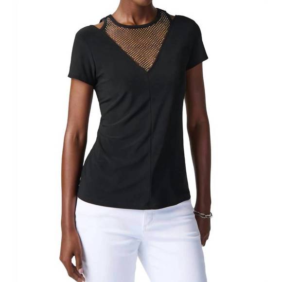 NEW JOSEPH RIBKOFF silky knit rhinestone mesh top in black - Picture 1 of 3